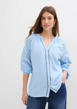 Tuniekblouse van luchtige mousseline, Kleur: lichtblauw