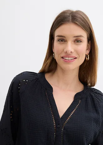 Blouse longue en gaze de coton légère • noir • Boutique bonprix