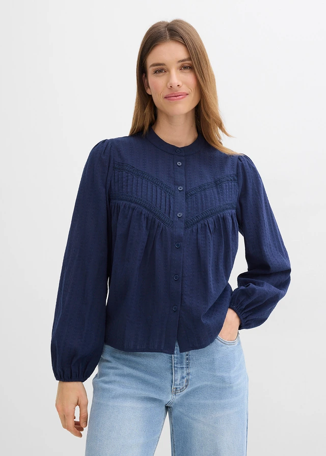 Chemisier brodé en coton, Couleur: bleu foncé