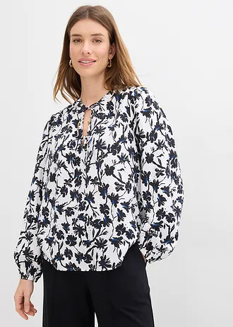Blouse à effet froissé, Couleur: écru-noir floral