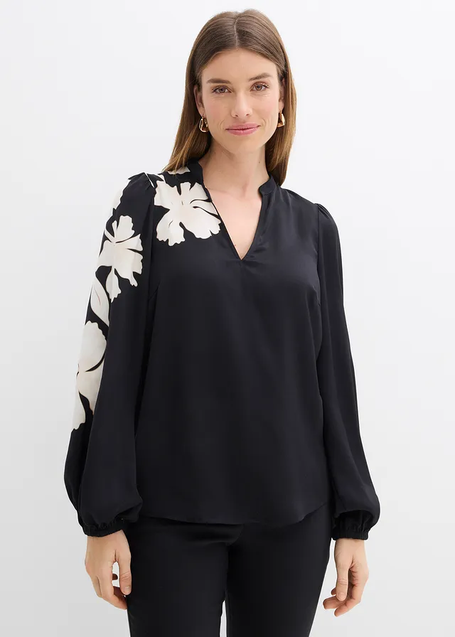 Tuniekblouse van soepel satijn • zwart gebloemd • product-page.page-title-suffix
