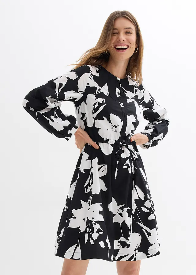 Robe-tunique 100% coton, Couleur: noir-blanc floral