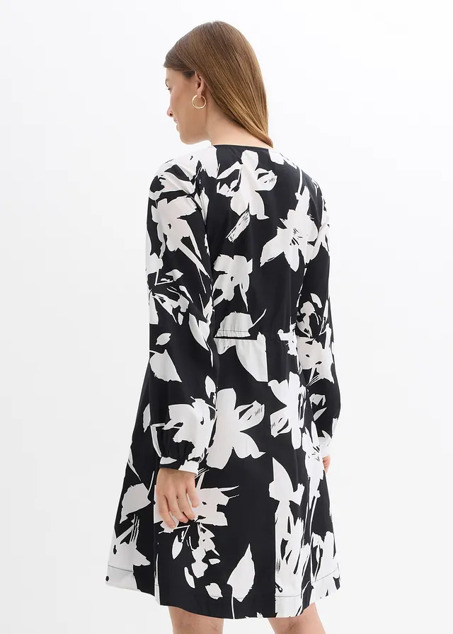 Tunikové šaty z čistej bavlny, farba: čierna/biela kvetovaná