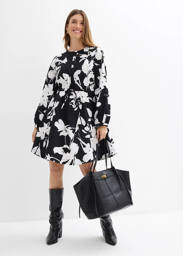 Rochie-tunică din bumbac 100% • negru-alb înflorat • magazin bonprix