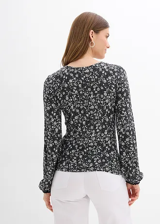 T-shirt en viscose fluide, Couleur: noir-écru floral