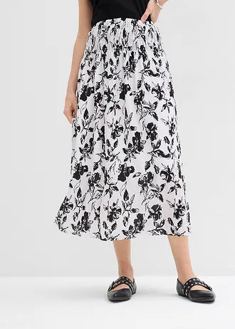 Midirok van zachte viscose, Kleur: wit-zwart gebloemd