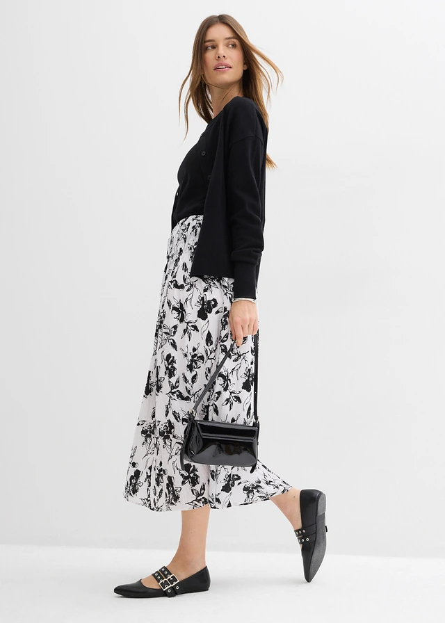 Fustă midi cu fronseuri • alb/negru floral • magazin bonprix