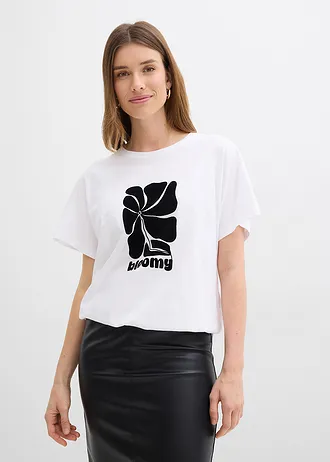 T-shirt en coton à base smockée • blanc-noir imprimé • Boutique bonprix