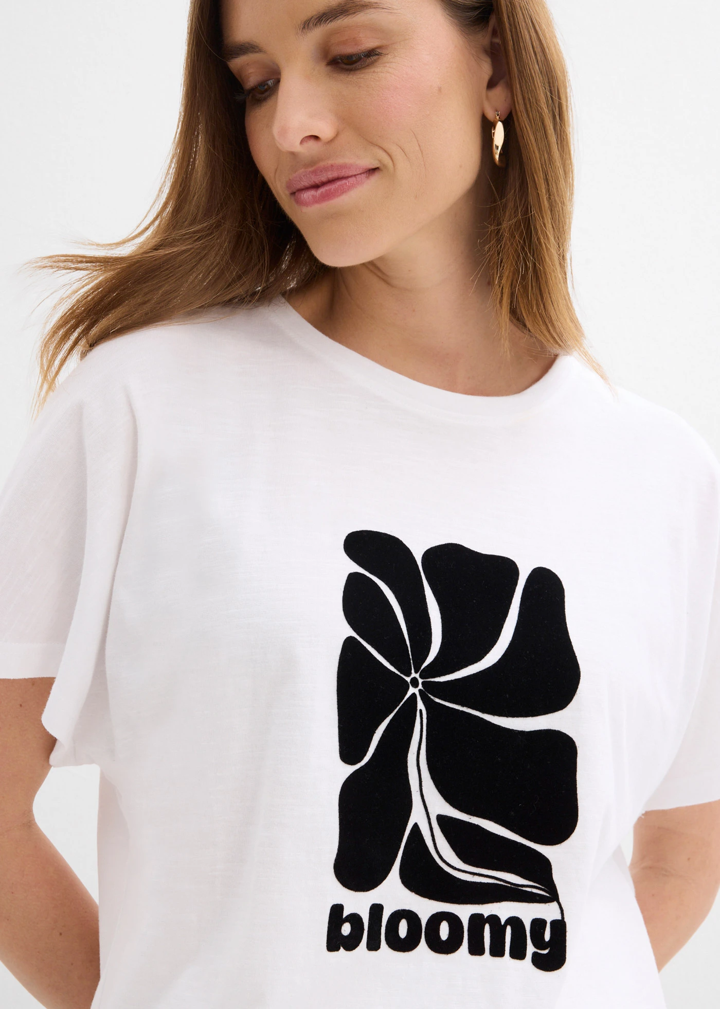 Bluză tricot cu bandă încrețită • alb-negru, cu imprimeu • magazin bonprix