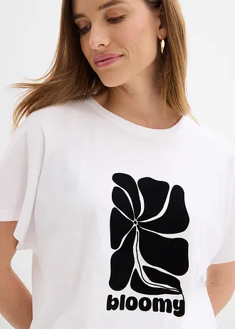 Katoenen shirt met smockwerk • wit-zwart met print • bonprix online shop