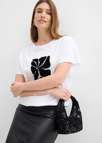 Bluză tricot cu bandă încrețită • alb-negru, cu imprimeu • magazin bonprix