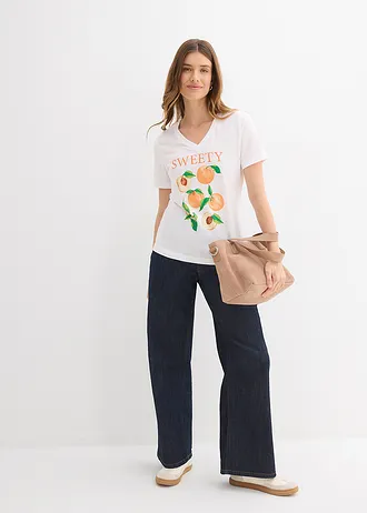 T-shirt van biologisch katoen, Kleur: wit/nectarine/peergroen/roestbruin