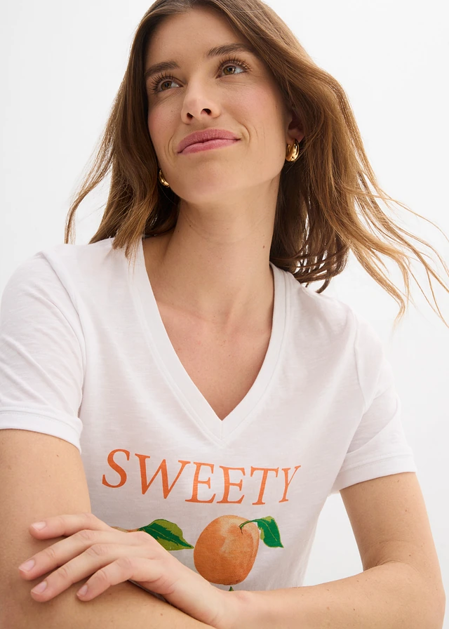 Tricou din bumbac organic 100% • alb/oranj-nectarină /verde-pară/maro ruginiu • magazin bonprix