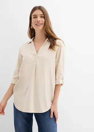Blouse met linnen en 3/4 mouwen, Kleur: kiezelgrijs