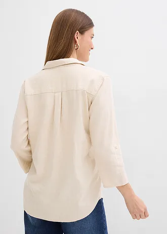 Blouse met linnen en 3/4 mouwen, Kleur: kiezelgrijs