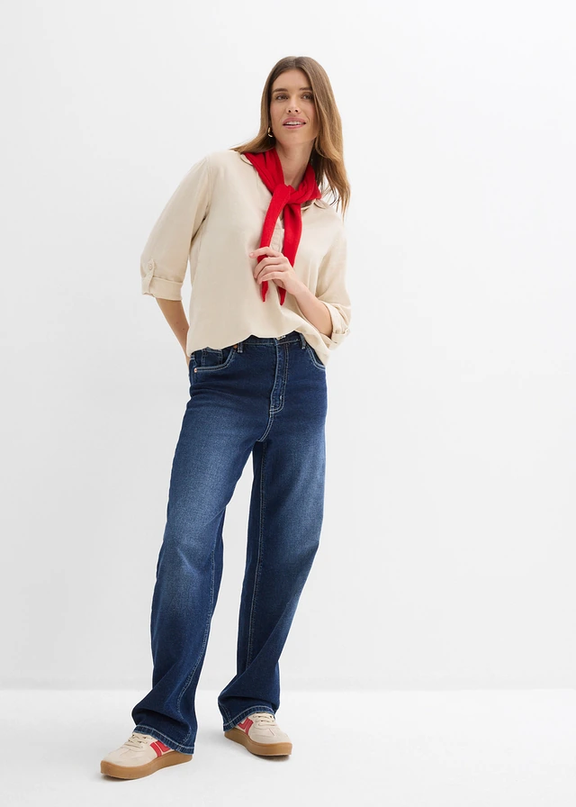 Blouse met linnen en 3/4 mouwen, Kleur: kiezelgrijs