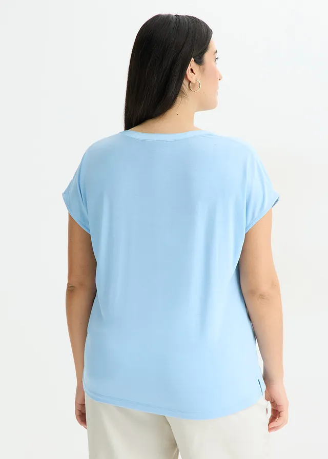 T-shirt à bordure satinée, Couleur: bleu clair