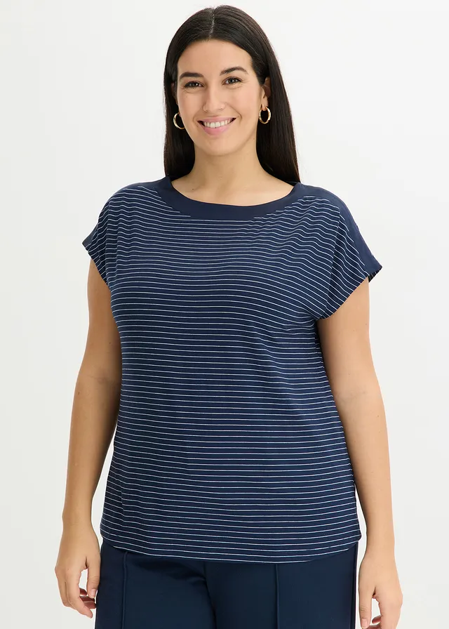 Shirt van soepele viscose en satijnen versiering, Kleur: donkerblauw/wit gestreept