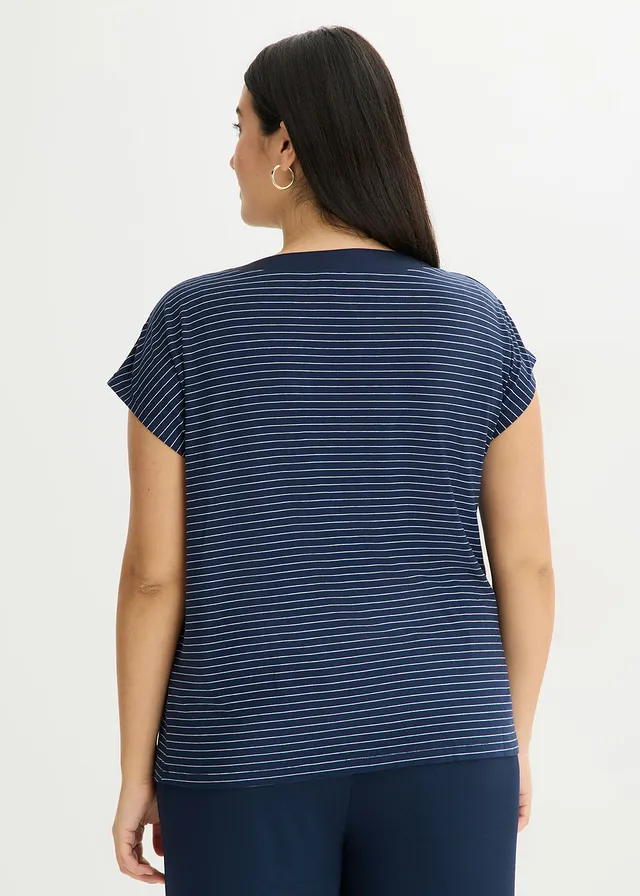 Shirt van soepele viscose en satijnen versiering, Kleur: donkerblauw/wit gestreept