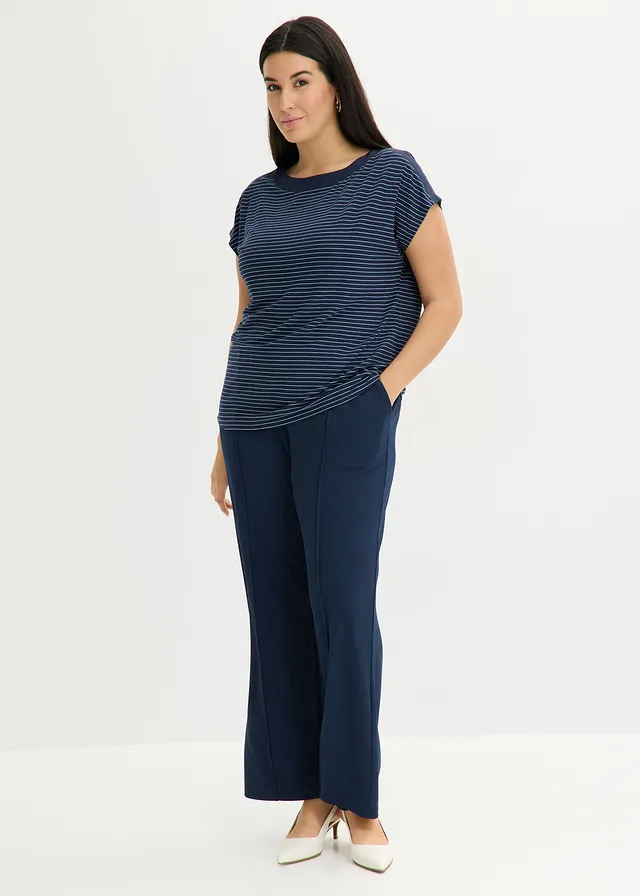 Shirt van soepele viscose en satijnen versiering, Kleur: donkerblauw/wit gestreept