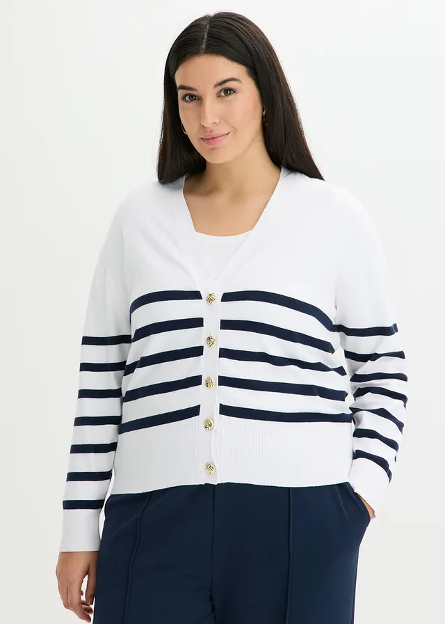 Gilet en maille douce, Couleur: blanc/bleu foncé rayé