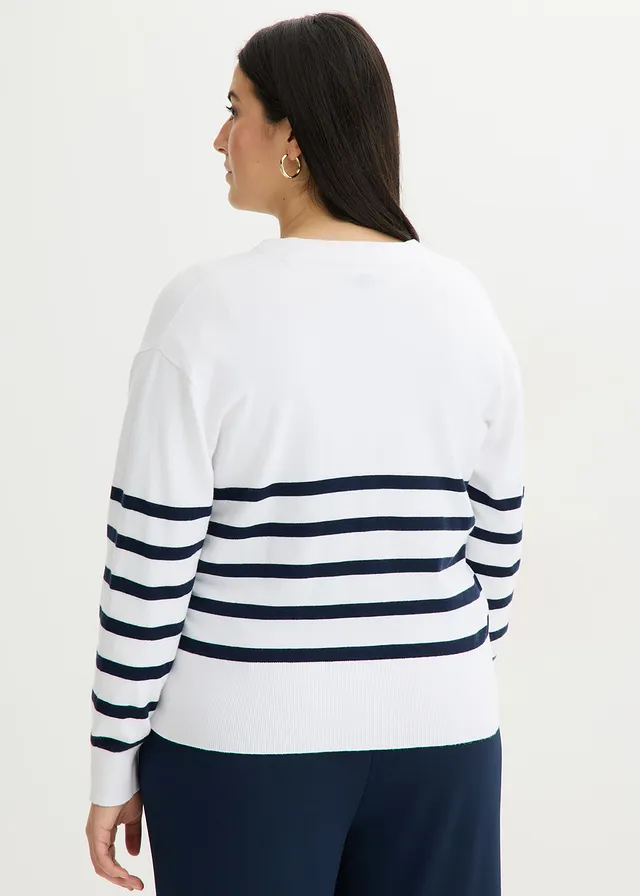 Gilet en maille douce, Couleur: blanc/bleu foncé rayé