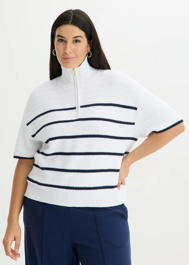 Trui met katoen, Kleur: wit-donkerblauw gestreept