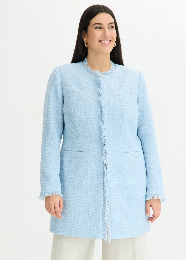 Lange bouclé blazer, Kleur: poederblauw