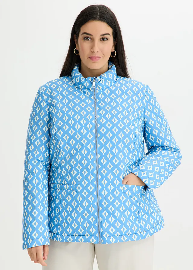 Lichte gewatteerde omkeerbare jas met print, Kleur: middenblauw-wolwit met grafische print