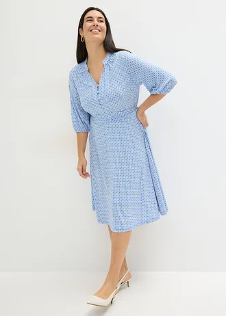 Jersey shirtjurk met ceintuur (2-dlg. set), Kleur: middenblauw/wolwit gedessineerd