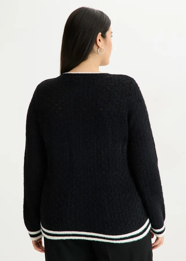 Gilet en maille poilue ajourée, Couleur: noir-écru