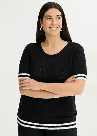 Pull ajouré en maille poilue, Couleur: noir-écru