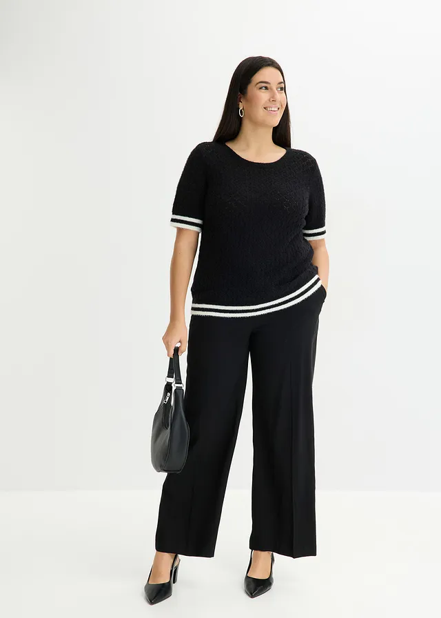 Pull ajouré en maille poilue, Couleur: noir-écru
