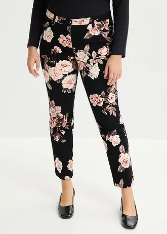 Pantalon 7/8 en coton extensible, Couleur: noir/rose clair floral
