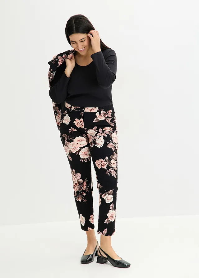 Pantalon 7/8 en coton extensible, Couleur: noir-rose clair floral