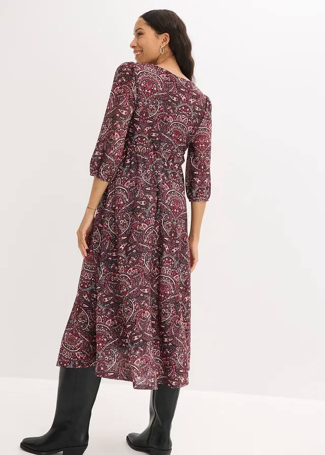 Jersey jurk met V-hals, Kleur: zwart/bessen