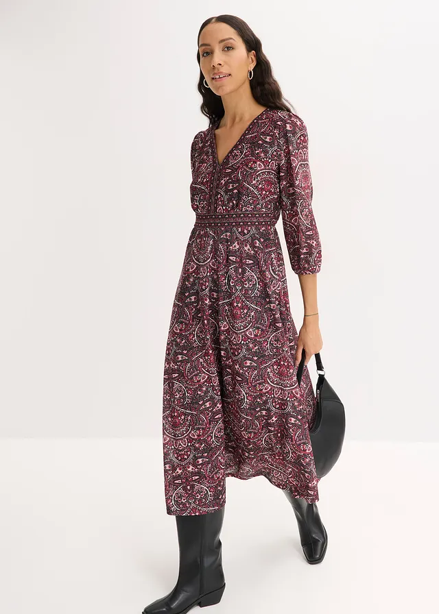 Rochie din jerse cu decolteu în V • negru-mov-afină • magazin bonprix
