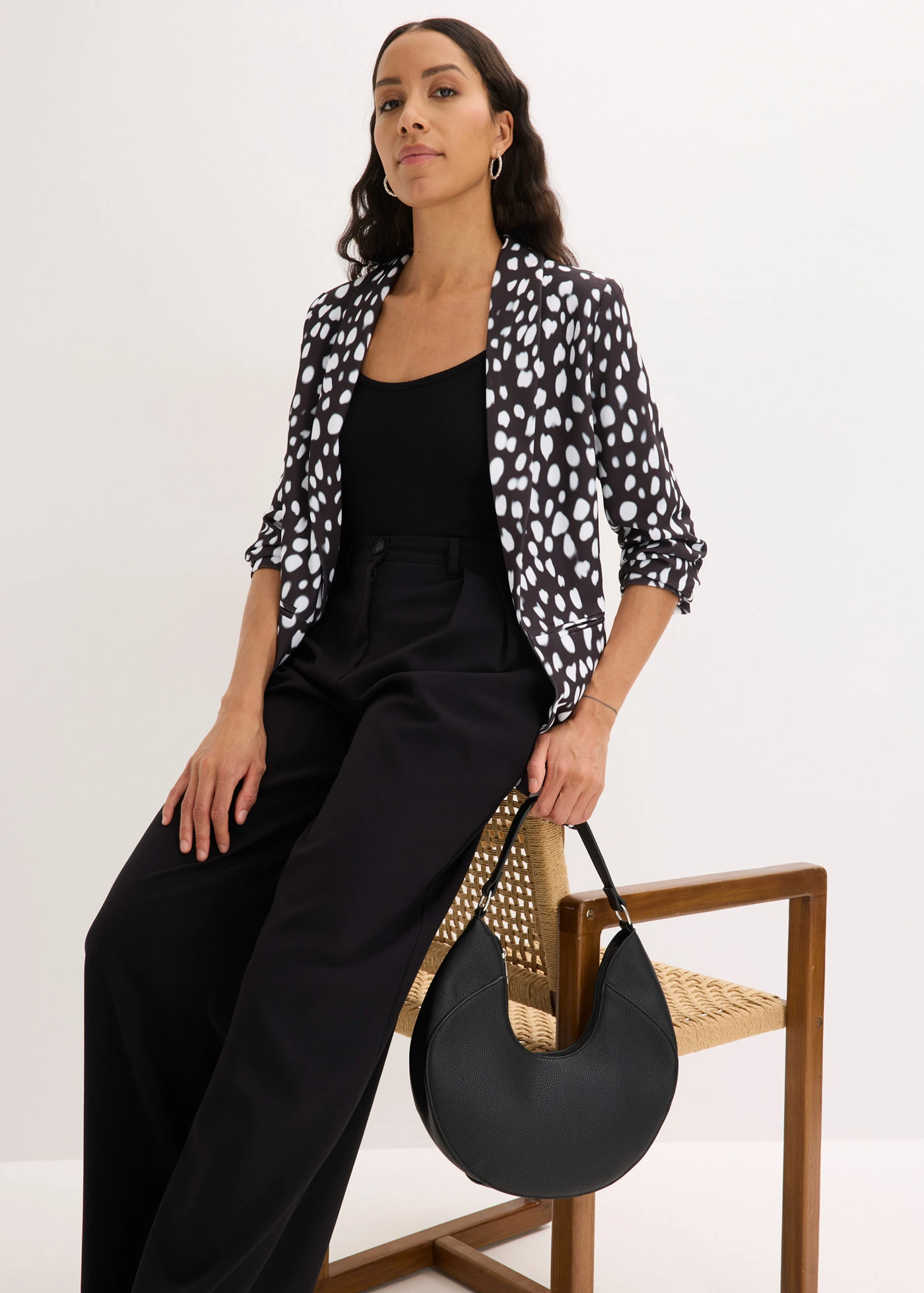 Lange blazer van zachte scuba • zwart met print • product-page.page-title-suffix