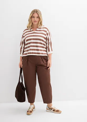 Oversized fijn gebreide trui, Kleur: parelwit-kastanjebruin gestreept