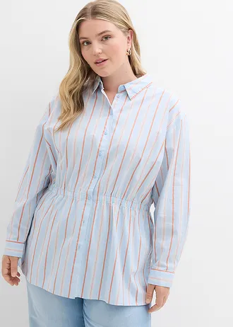 Overhemdblouse van stretch katoen-popeline, Kleur: poederblauw verticaal gestreept