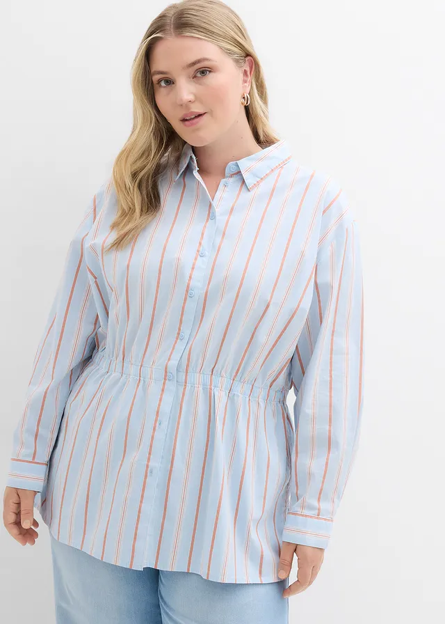 Overhemdblouse van stretch katoen-popeline, Kleur: poederblauw verticaal gestreept