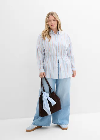 Overhemdblouse van stretch katoen-popeline, Kleur: poederblauw verticaal gestreept