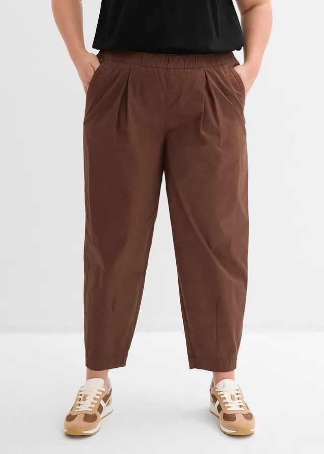 Twill barrel broek met comfortband, Kleur: bruin