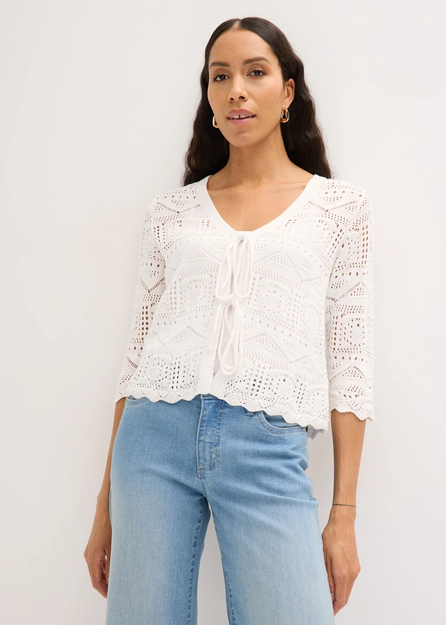 Ajour vest met strikbandjes, Kleur: wolwit