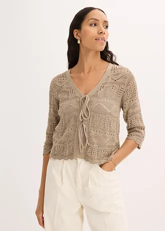 Ajour vest met strikbandjes • taupe • bonprix online shop