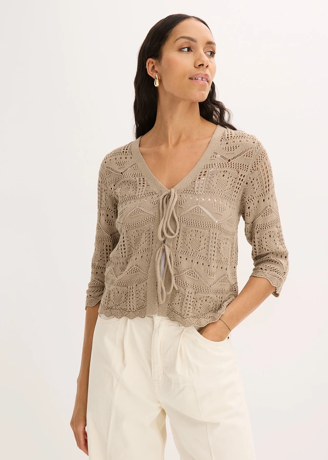 Ajour vest met strikbandjes • taupe • product-page.page-title-suffix