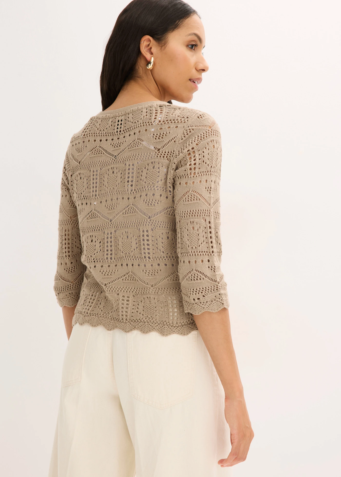 Ažúrový pletený sveter na zaviazanie • hnedosivá • obchod bonprix