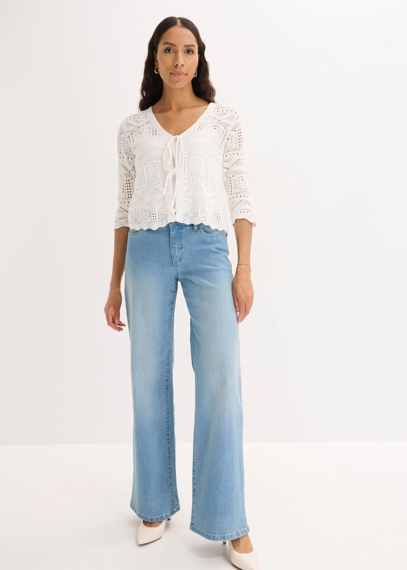 Ajour vest met strikbandjes • wolwit • bonprix online shop