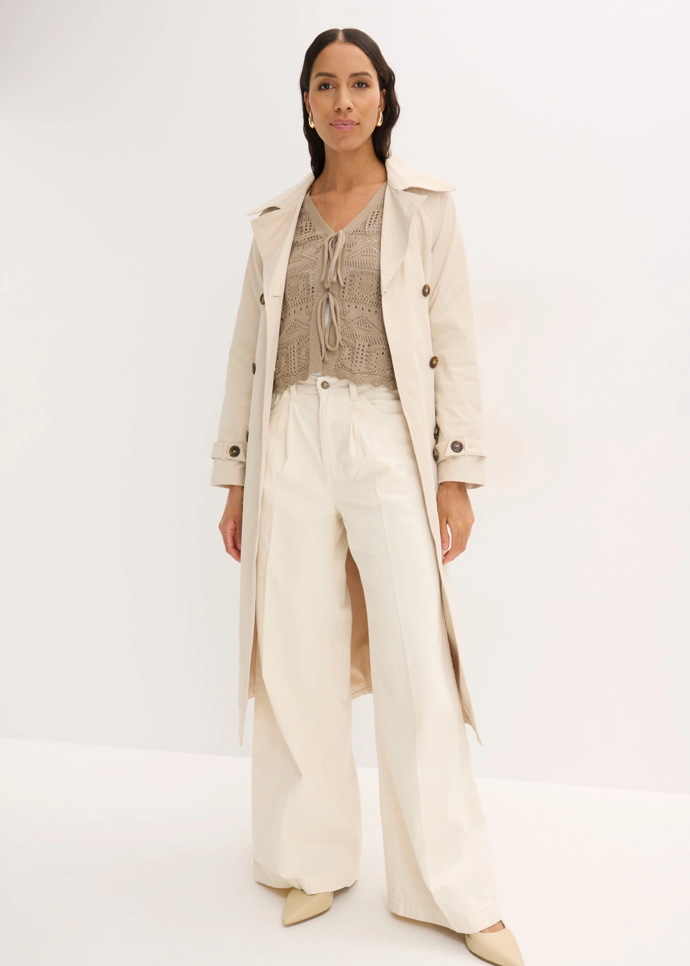 Ažúrový pletený sveter na zaviazanie • hnedosivá • obchod bonprix