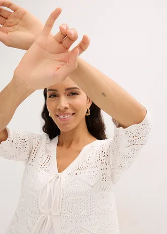 Ažurový pletený kabátek k zavázání • přírodní bílá • bonprix obchod